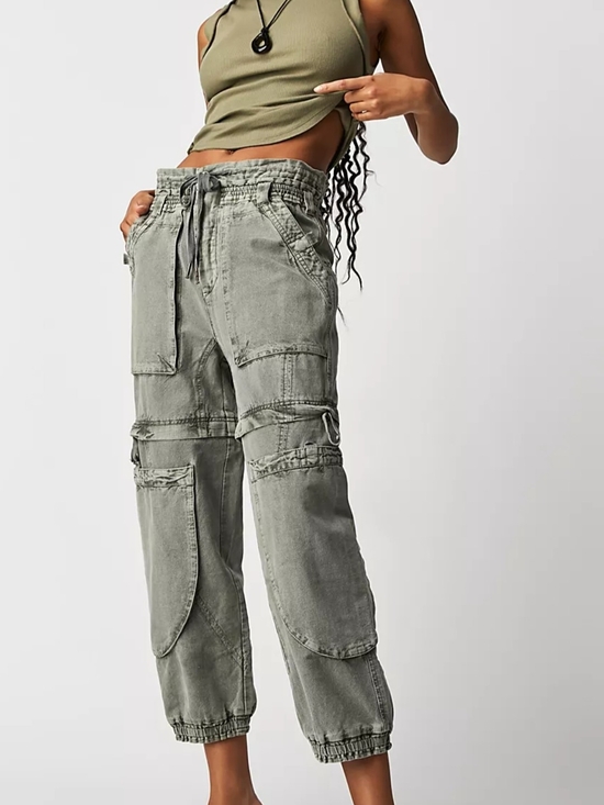 Free People Denim - Free People Wind Drift Convertible Cargo Pants Women XS Oilve Green Cotton Linen
